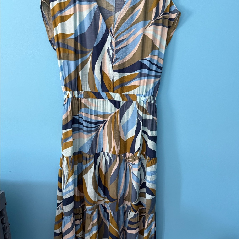 Tribal Printed Tiered V-Neck Maxi Dress — Blue, Olive & Pink